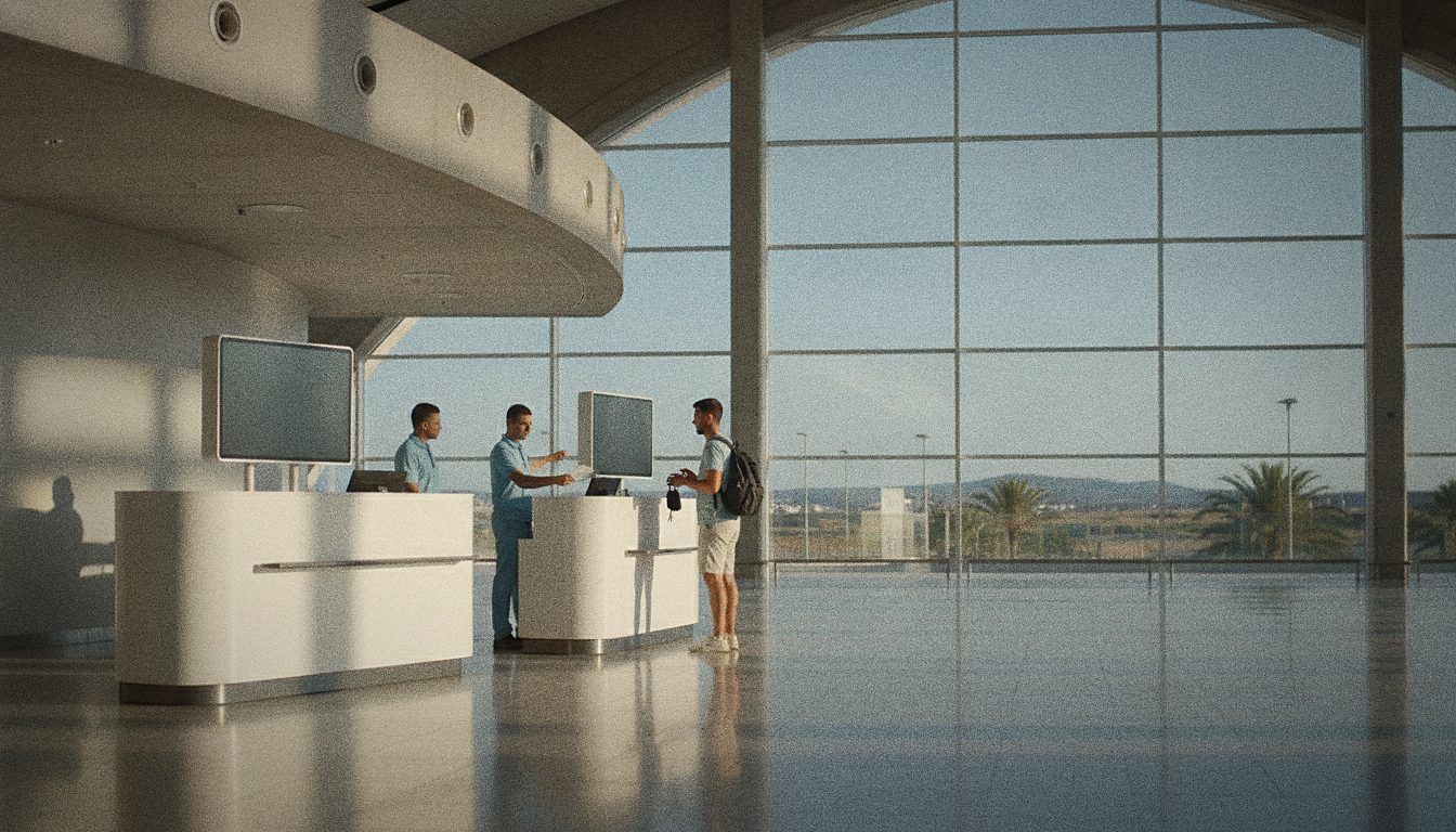 Personale al banco di noleggio auto che assiste un viaggiatore in un terminal aeroportuale