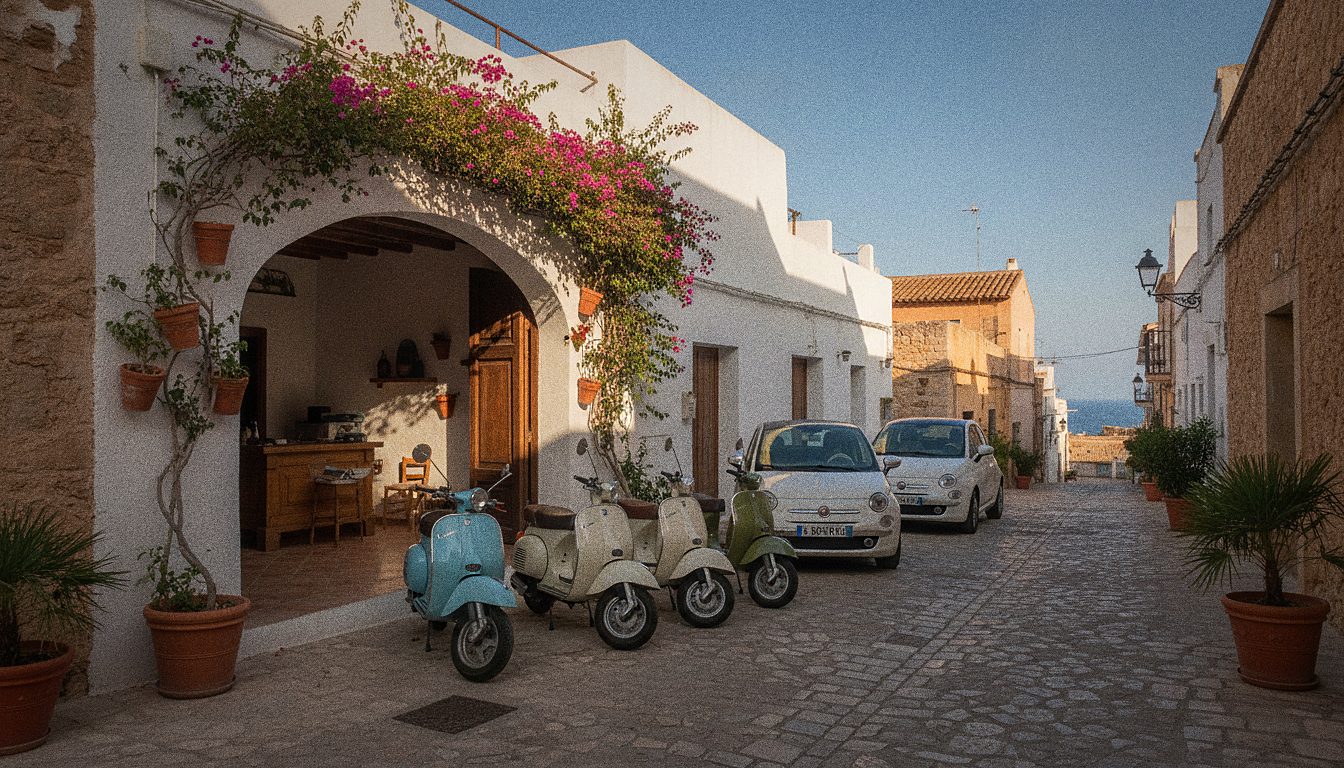Piccola agenzia di noleggio auto e scooter in una via cittadina mediterranea