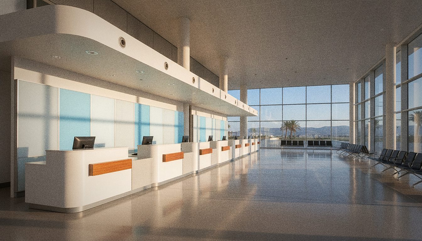 Banco di noleggio auto in un terminal aeroportuale, viaggiatori con bagagli