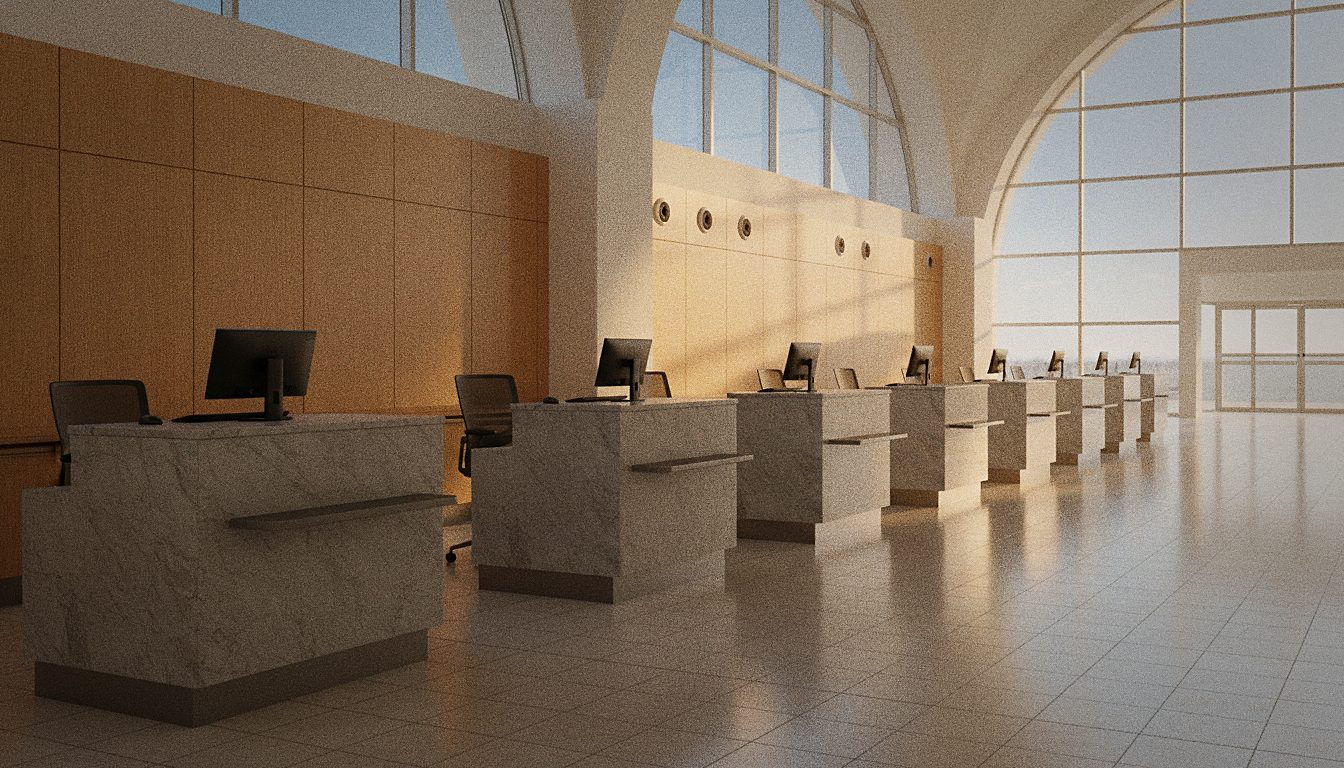 Fila di clienti a un banco di noleggio auto in un terminal aeroportuale