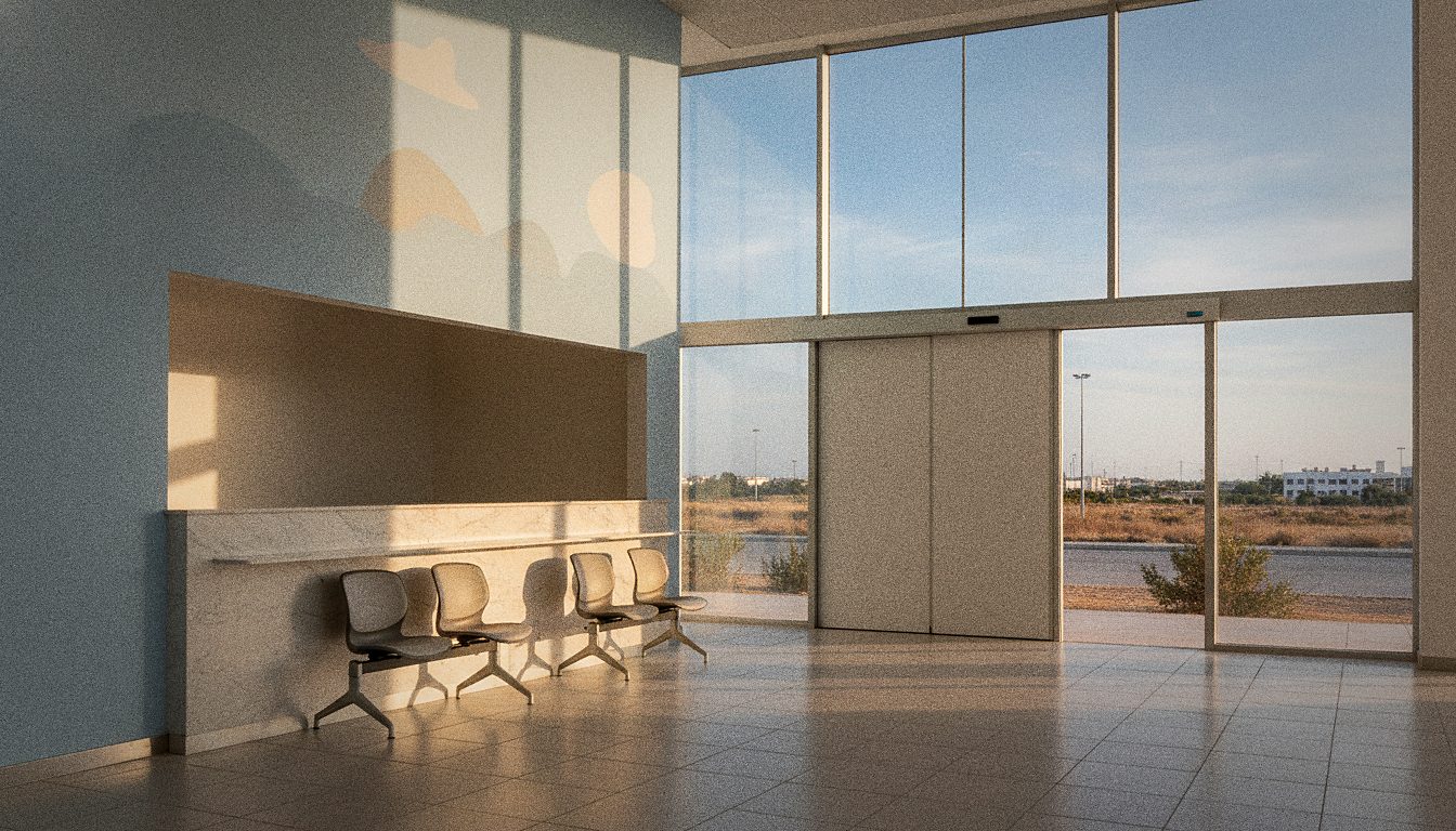 Angolo poco visibile di un banco di noleggio auto in un terminal aeroportuale