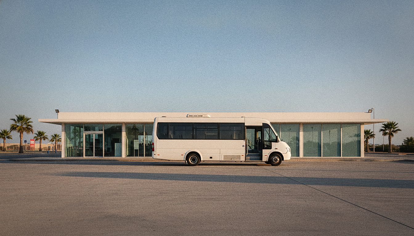 Ufficio di noleggio auto fuori da un aeroporto, navetta di cortesia in attesa